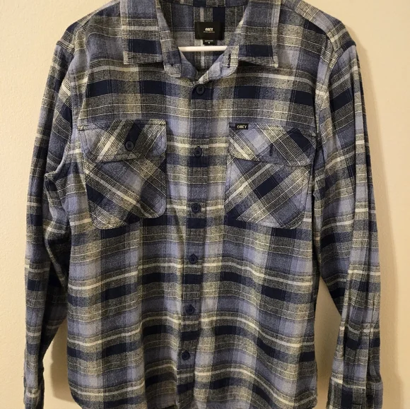 OBEY Men's Blue Plaid Flannel Shirt - Picture 2 of 8